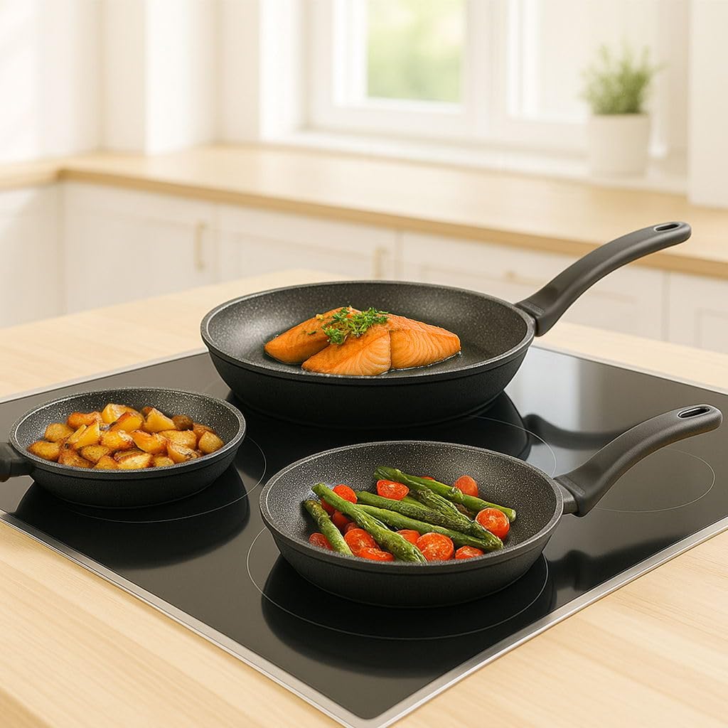 STONELINE Made in Germany - Set di padelle da 3 pezzi, 20/24/28 cm, padella antiaderente con vere particelle di pietra, padella a induzione, adatta al forno, tutti i piani cottura, senza olio e grassi