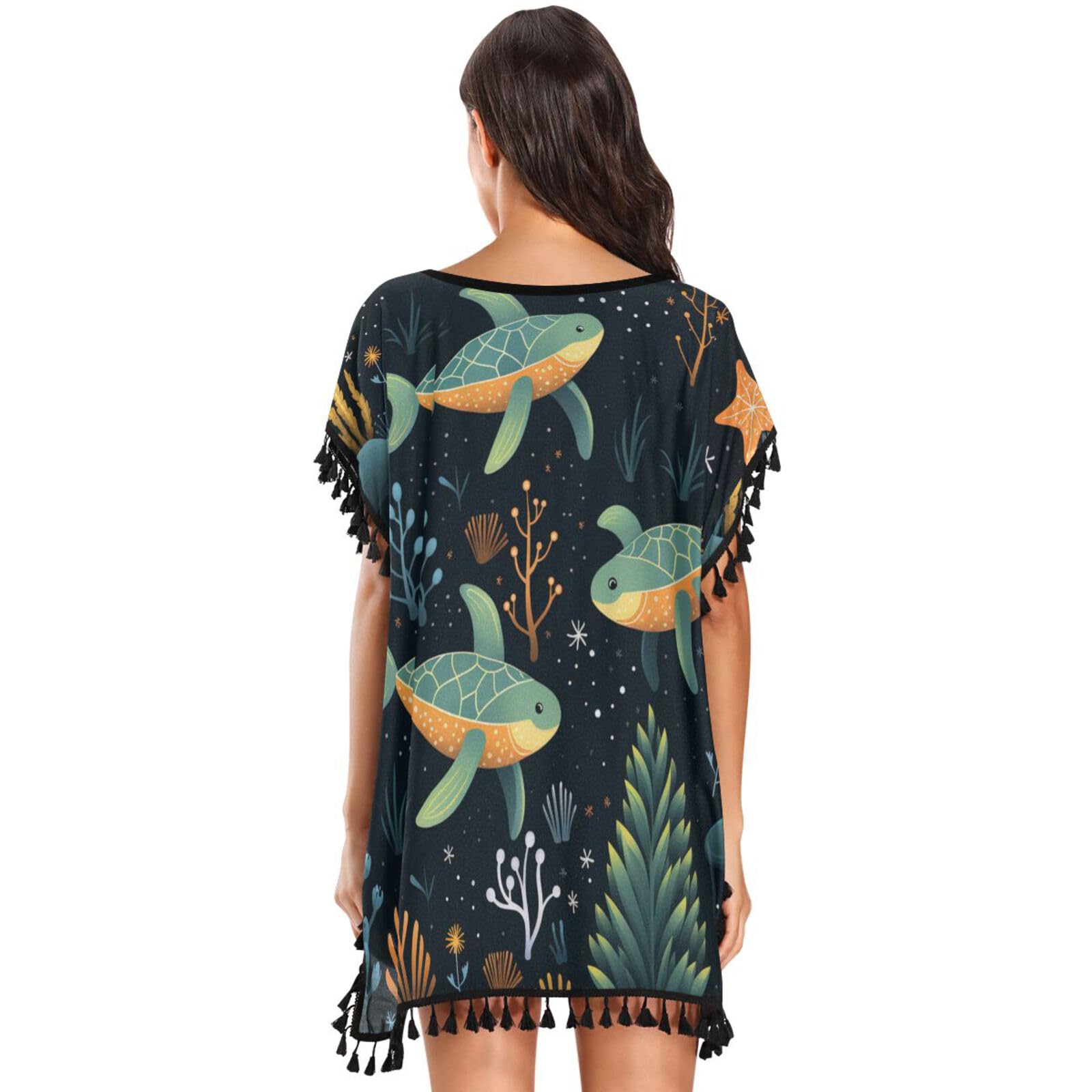 Cartoon Sea Animals Fish Women's Beach Cover Up Chiffon Tassel Swimwear Swimsuit Coverups for Girl