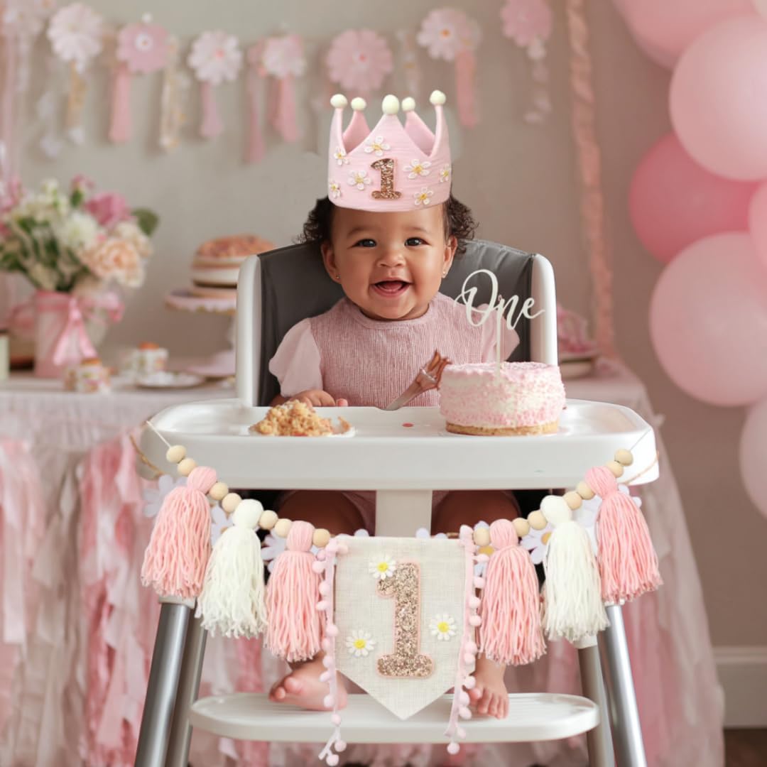First Birthday Party Bundle – Includes disposable tableware set for the 1st Birthday, crown, topper, and high chair banner, serves 20 guests. (Pink Floral Theme) - Image 7