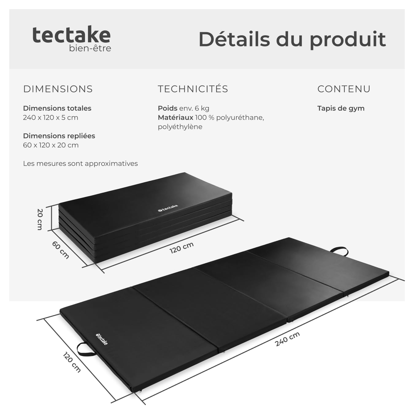 tectake® Tapis de sport épais Tapis de yoga Pliable, Matelas de Gym Antidérapant 240x120x5cm Poignées de Transport, Gymnastique, Fitness, Arts martiaux, Yoga, Pilates, musculation, Stretching, Piscine