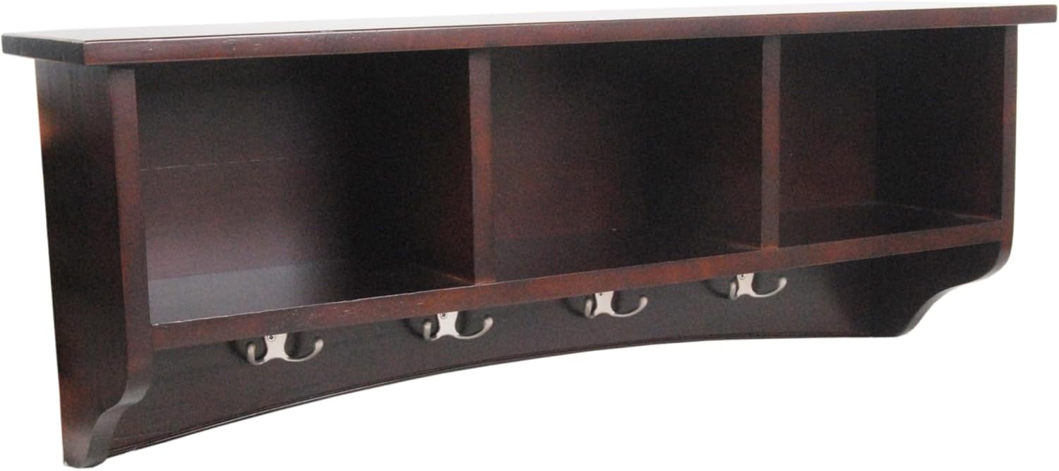 Shaker Cottage Wall-Mounted Coat Rack with 3 Storage Cubbies and 4 Hooks – Space-Saving Storage Rack and Wall Shelf Organizer for Entryway, Hallway, or Mudroom by Alaterre Furniture (Espresso Finish)