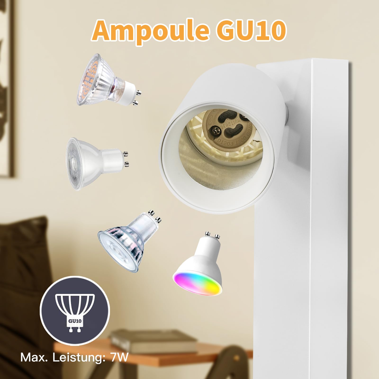 Applique Murale Intérieure avec Prise et Interrupteur 3 Spots - Blanc GU10 Lampe de Chevet Murale Moderne Tourner 350° - Lampe Murale pour Chambre Salon Couloir Peinture Murale - Sans Ampoules