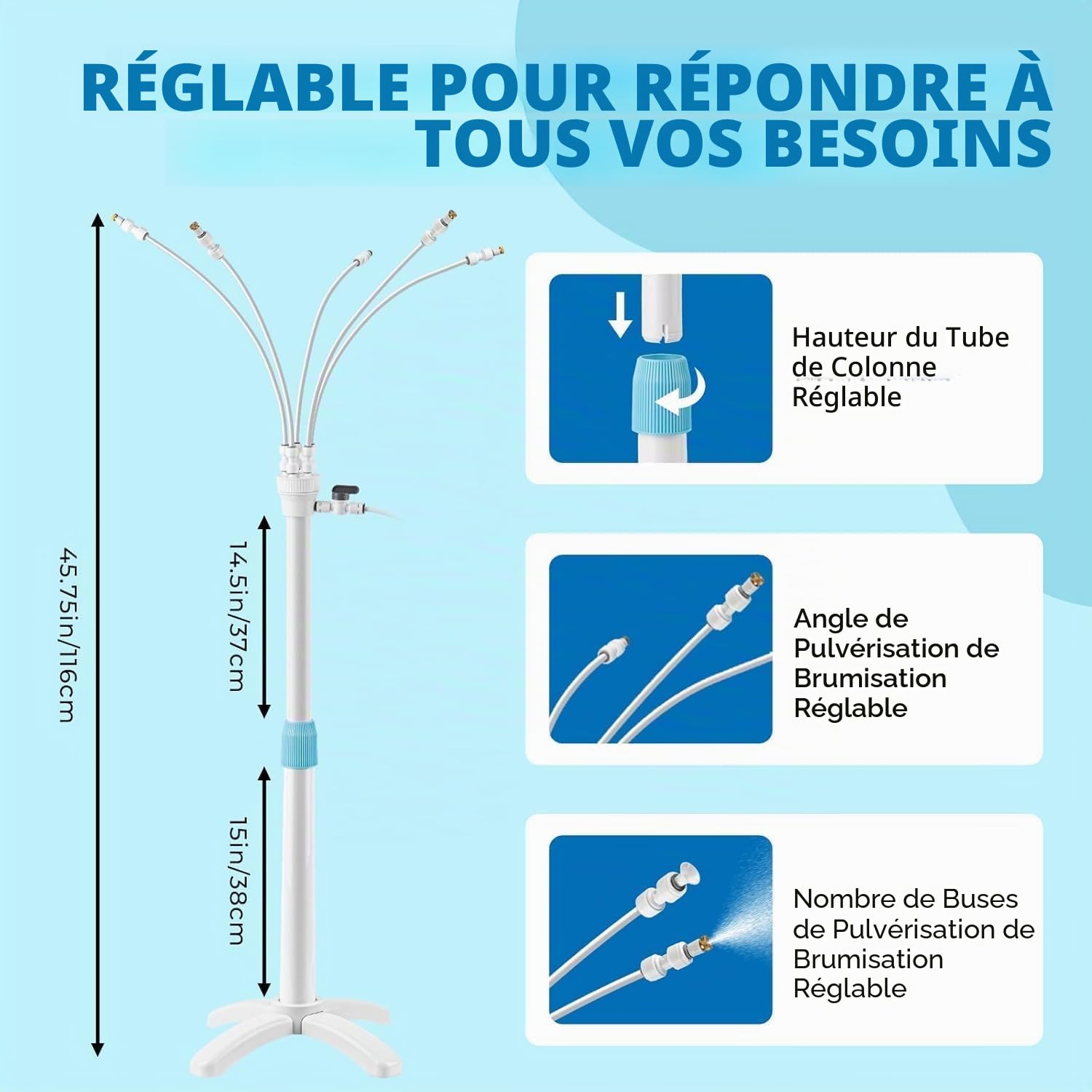 Tesmotor Système de Brume sur Pied pour terrasse et Jardin, réglable en Hauteur, avec 5 Buses, système de Refroidissement avec Valve et Support, Douche de Brouillard de Jardin pour Patio, Balcon