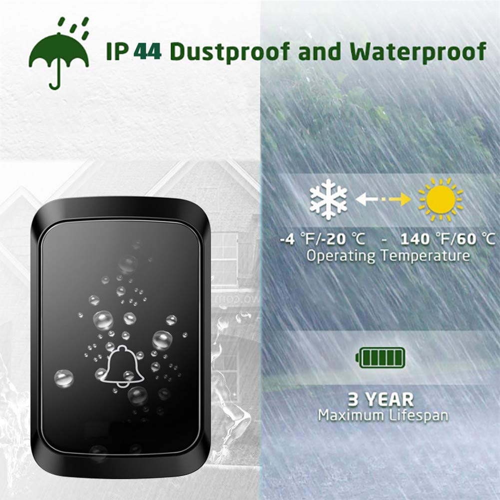 Timbre inalámbrico, 4 pulsadores y 1 Receptor, Timbre de Puerta inalámbrico Resistente al Agua con Enchufe de Pared, función de Memoria de Apagado, Flash LED, Alcance de,Negro