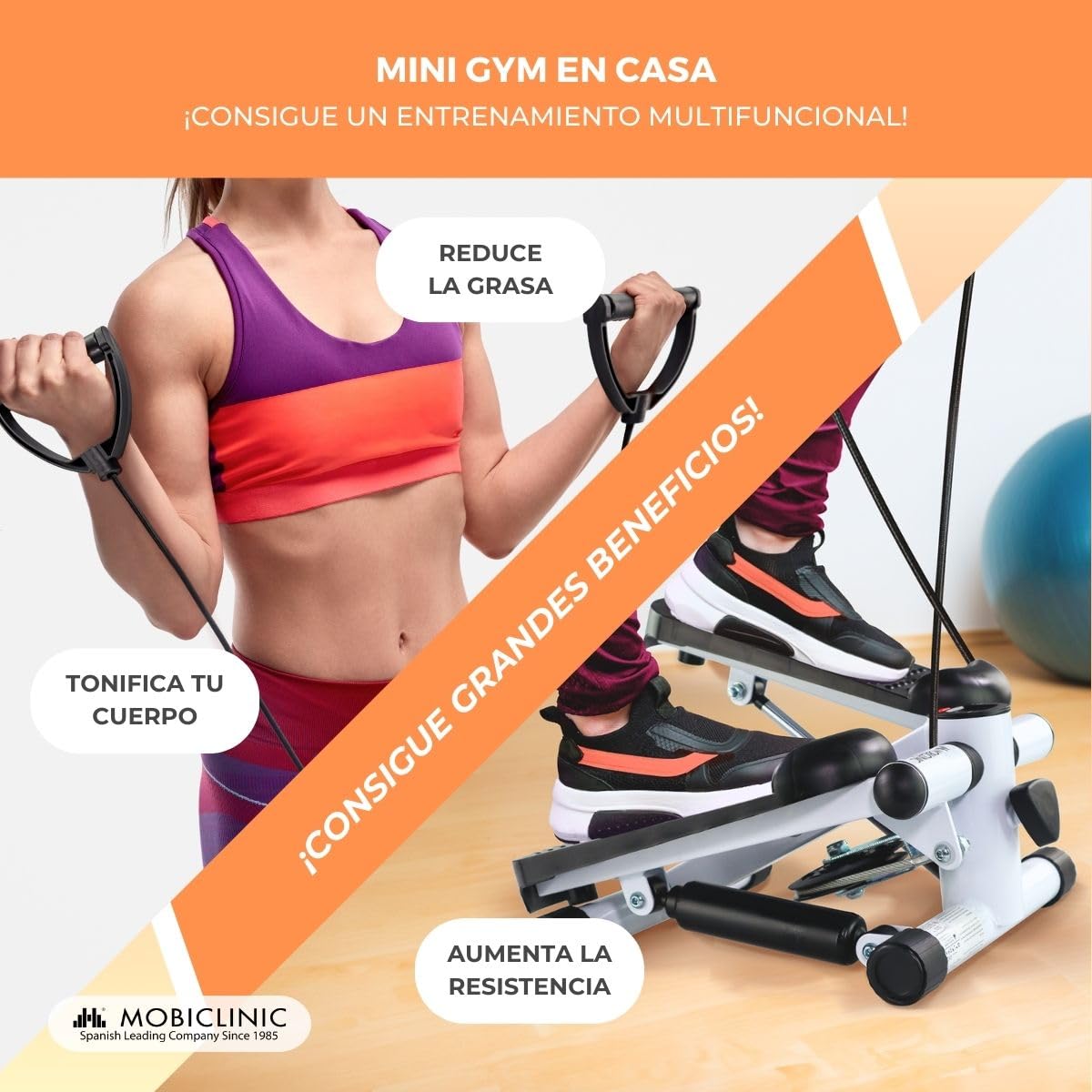 Mobiclinic® Fitness, Stepper, 2 en 1, Step Plus, Cuerdas de Resistencia, Multifunción, Brazos y piernas, Pantalla LCD, Carga 100 kg, Compacto, Gym casa, Altura Ajustable