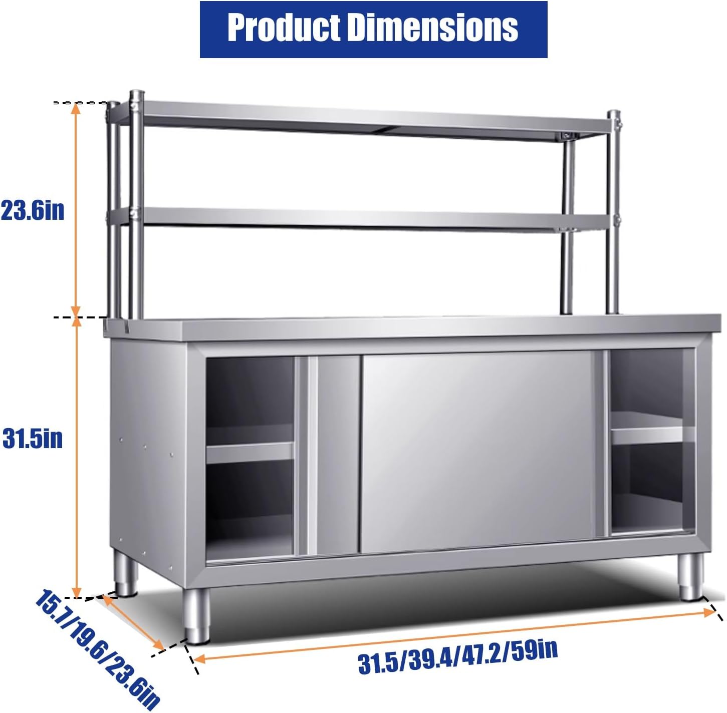 Stainless Steel Work Table with Storage Cabinet - Heavy Duty Commercial Kitchen Prep Table with Double Sliding Doors for Home, Hotel & Restaurant
