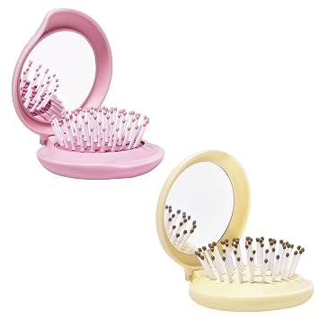 Compact Mirror with Mini Brush Kit, Folding Purse Hairbrush for Girls, Mini Hair Brush and Mirror Combo, 1 Baby Yellow and 1 Pink