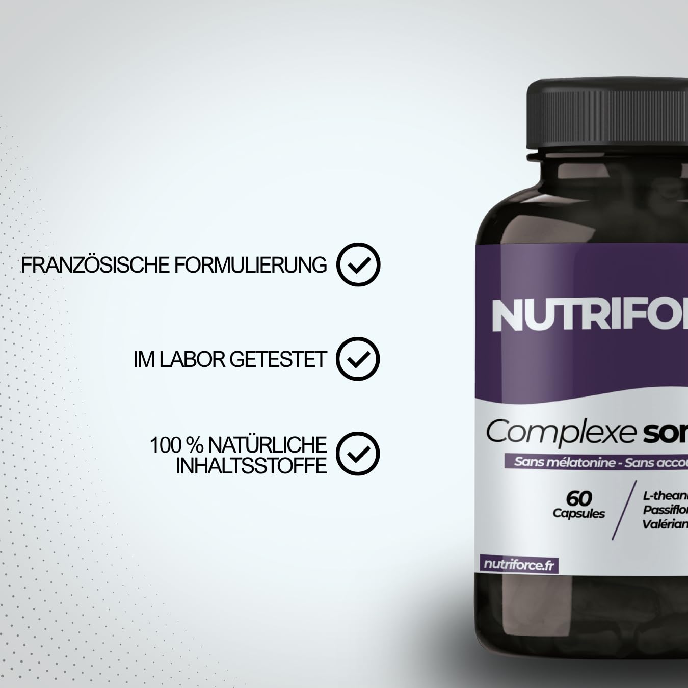 Schlaf-Komplex L-Theanin + Baldrian + Passionsblume – Einschlafen, Tiefschlaf & Erholung – Natürliche Beruhigung ohne Abhängigkeit – 100% Vegan – HACCP – 30 bis 60 Tage – Frankreich