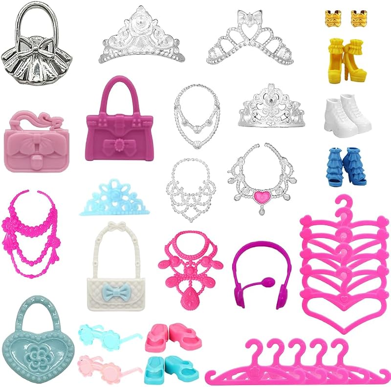 35 Pcs Doll Accessory Set for 11.5 Inch Fashion Dolls: 5 Generic Crowns, 5 Necklaces, 10 Hangers, 5 Pairs Shoes, 5 Bags, 2 Pairs Glasses, 2 Bracelets, 1 Pair Doll Earphones