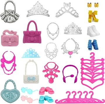 35 Pcs Doll Accessory Set for 11.5 Inch Fashion Dolls 5 Generic Crowns, 5 Necklaces, 10 Hangers, 5 Pairs Shoes, 5 Bags, 2 Pairs Glasses, 2 Bracelets, 1 Pair Doll Earphones
