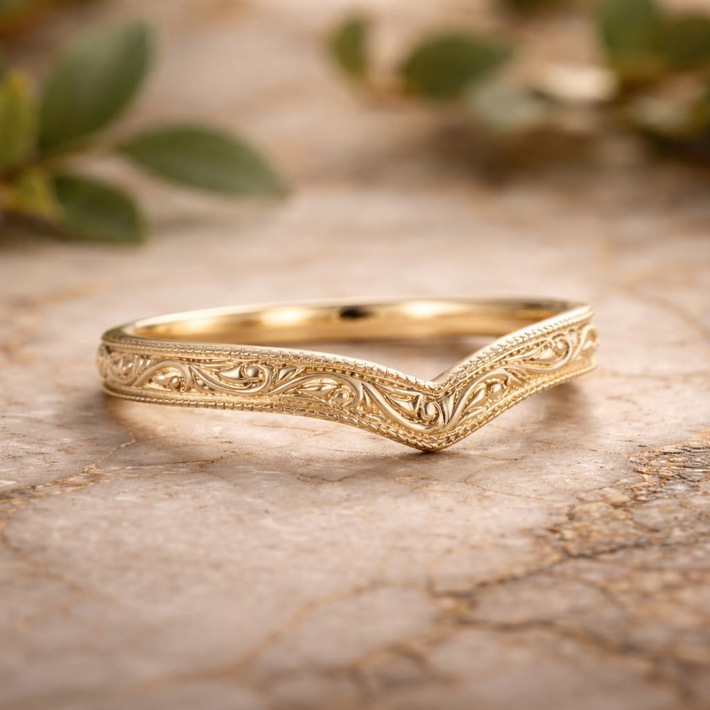 Vintage V Shaped Gold Band Ring for Women, Curved Chevron Wedding Band, Filigree Stackable Ring, Minimalist Bridal Ring Enhancer Gift