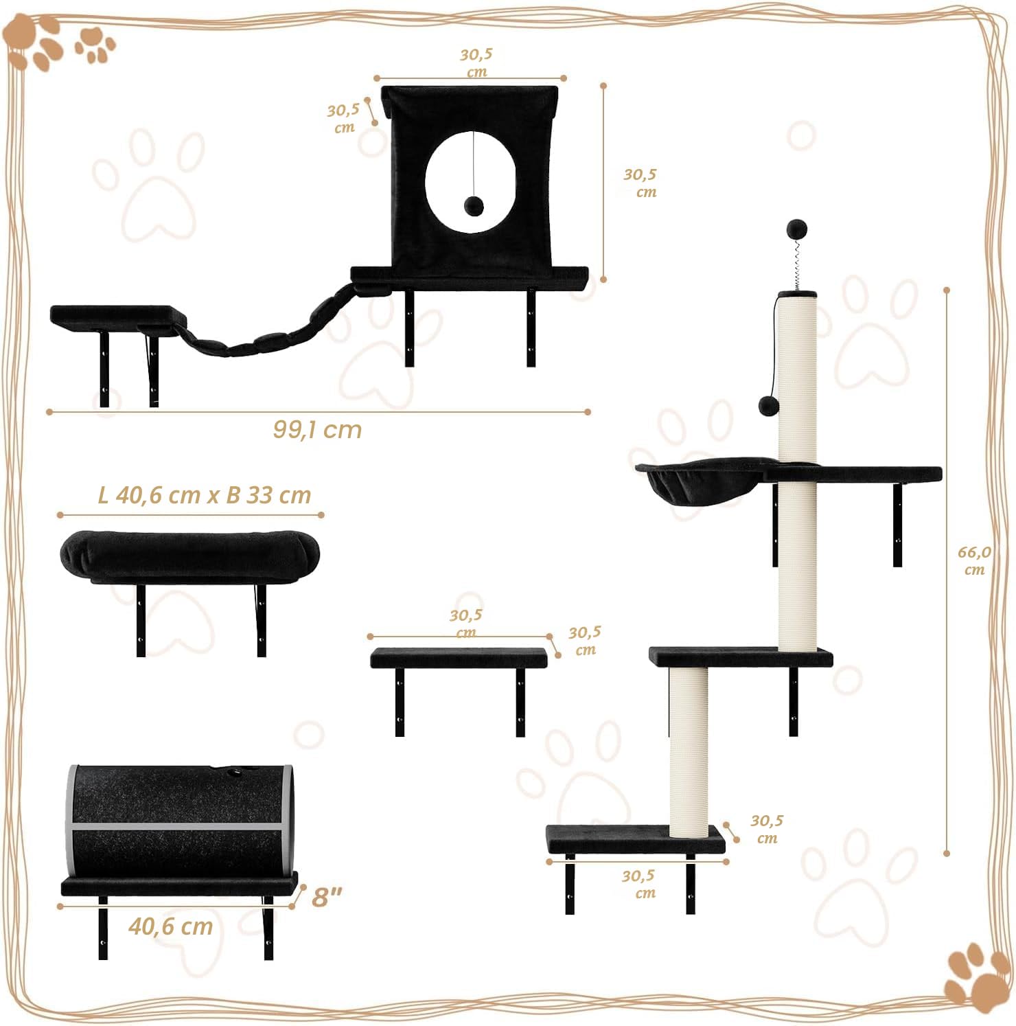 Kletterwand Katzen Set - 7-teilig, Stabiler Holzkletterer für Katzen, Wandpark mit Katzenhaus, Brücke, Tunnel, Baum, Treppe & Kratzbrett bis 10 kg (Schwarz)