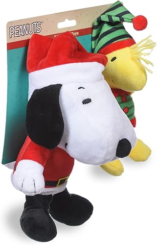 Miniatura 2 de Peanuts - Juego de 2 peluches de días feriados para perros de Snoopy y Woodstock con suéter y enredado en luces navideñas del cómic Peanuts,