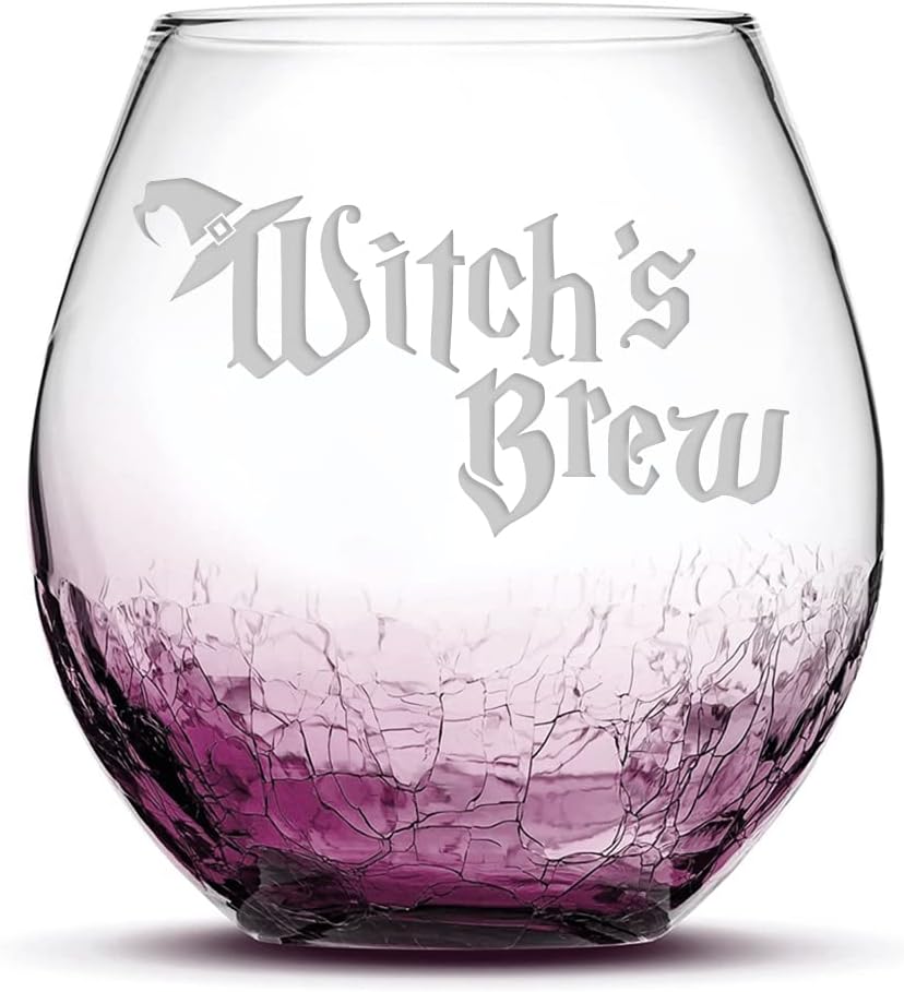 Integrity Bottles, Witch's Brew, Stemless Wine Glass, Handmade, Handblown, Hand Etched Gifts, Sand Carved, 18oz (Crackle Purple)