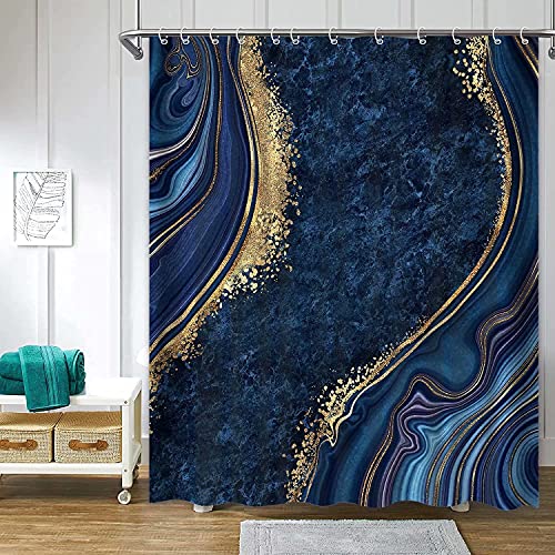 Verngo Abstract Navy Blue Marble Shower Curtain Modern Luxury Art Agate Stone Watercolor Gold Line Bathroom Curtain Waterproof Fabric Bathtub Sets Home Decor Bath Curtain 72"X72" #TOP4