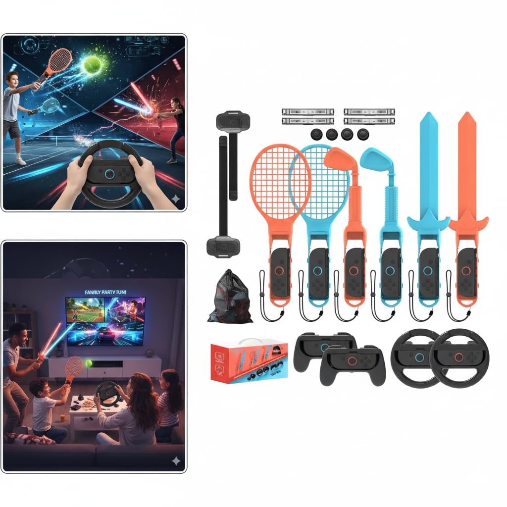 KEPLUG Switch 2/1 Sports Bundle (20 in 1) with 2 Joycon Grips & 2 Steering Wheels