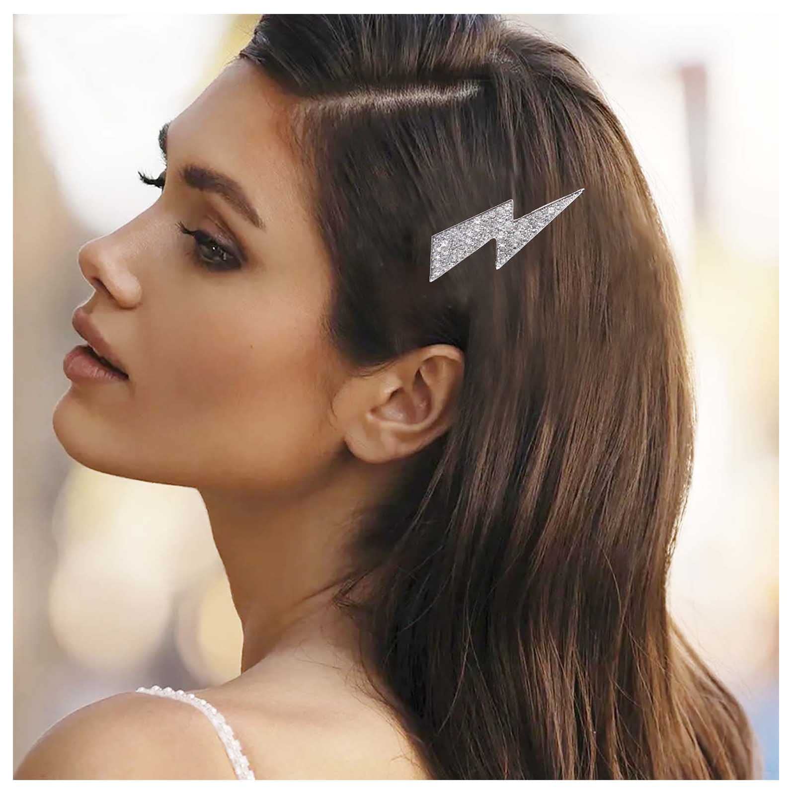 Yheakne Vintage Crystal Thunder Hair Clip Cz Lighting Bolt Hair Pin Clip Silver Rhinestone Hair Barrette Pin Cz Head Clip Headwear Decorative Headpieces Hair Accessories for Women and Girls (Silver)