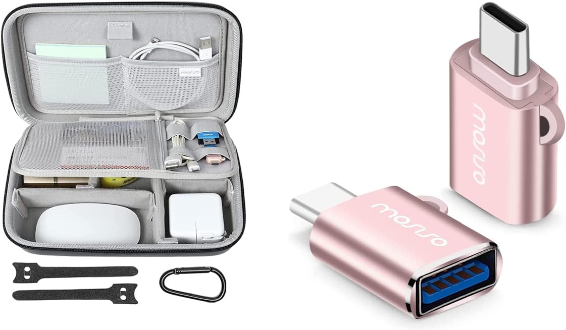 MOSISO USB C to USB Adapter 2 Pack&Electronic Organizer Travel Case Compatible with MacBook Power Adapter,SD Card,USB Flash Disk with 4 Modular Insert&2 Cable Tie&Snap Hook, Black&Rose Gold