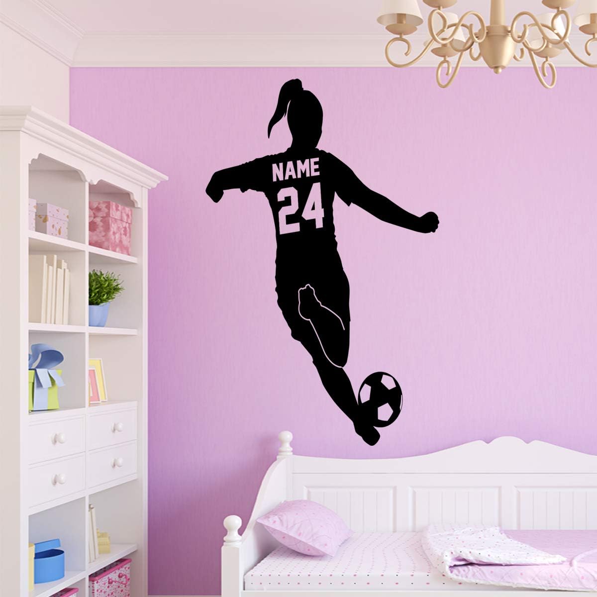 VWAQ Custom Name Girls Soccer Player Wall Decal with Personalized Name and Soccer Ball - TTC20 (32" H X 22" W, Black)