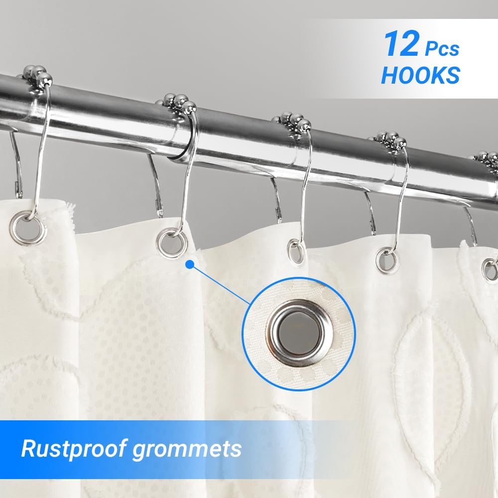 Waterproof Fabric Shower Curtain for Bathroom - Washable, 72"x72", Boho Style, Textured Jacquard, Hotel Quality, Ruffled, 12 Metal Hooks, Ivory White