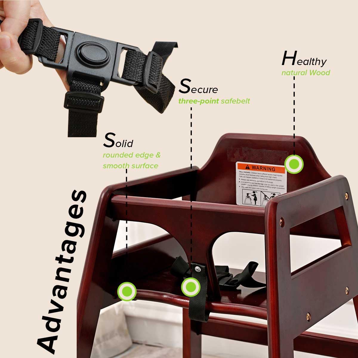 LZMS Wooden Highchair for Babies & Toddlers - Skin-Friendly,Rounded Edges,Safety Belt,Stackable,Reinforced Frame Baby Seat | Natural Finish Dining Chair for Little Ones（Color: Mahogany）