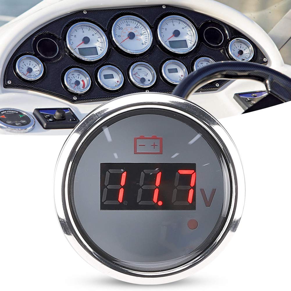 Akozon Compteur de tension de batterie, affichage numérique LED, étanche IP67, alarme intelligente universelle pour bateau et voiture, 2 pouces (blanc)