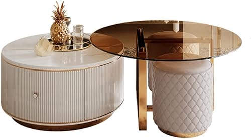 BNNP Mesa de té para sala de estar juego de 2 mesas de centro redondas modernas con parte superior y cajón únicos mesa central grande y pequeña y