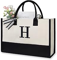 Vista 277 de TOPDesign Personalized Initial Canvas Beach Bag, Monogrammed Gift Tote Bag for Women Negro y marrón