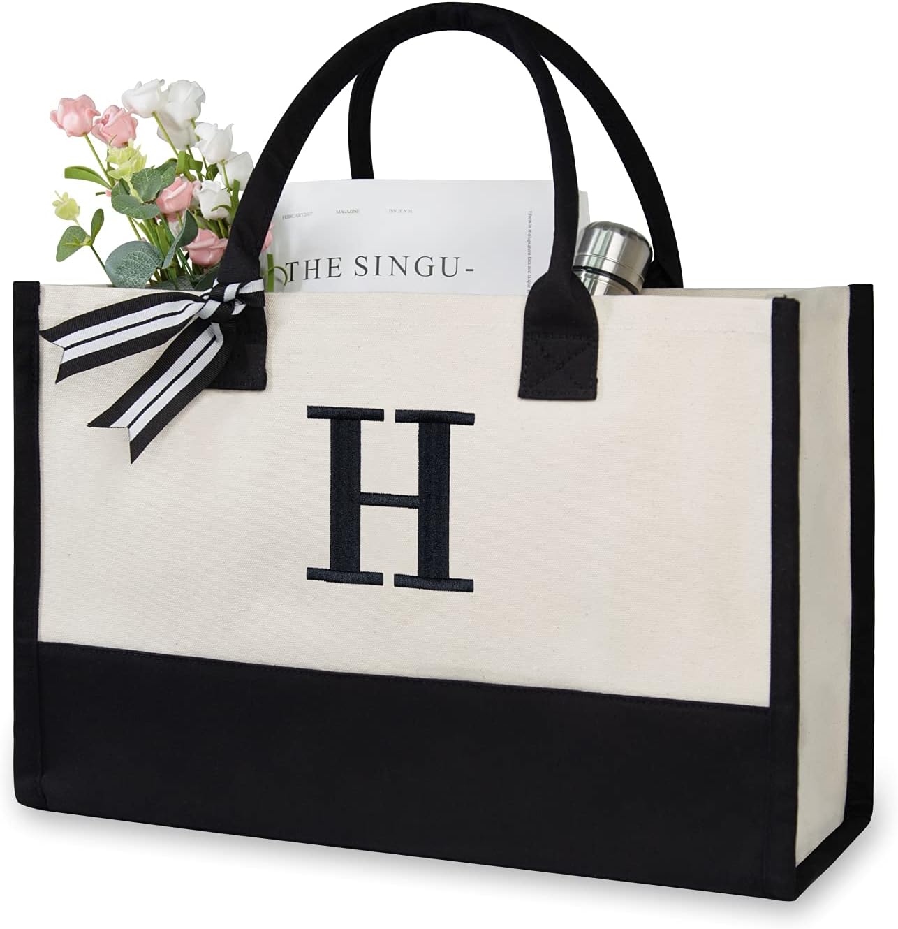 Personalized Initial Canvas Beach Bag, Monogrammed Gift Tote Bag for Women
