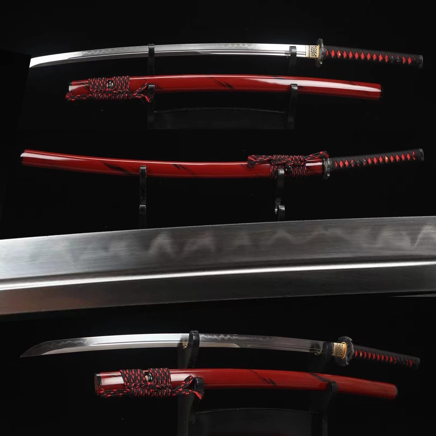HERO SWORD-Handmade Razor Sharp Katana Axe Tsuba Japanese Samurai Sword RED Black Knife