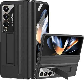 for Samsung Galaxy Z Fold 4 Case with Hinge Protection & Kickstand, Soft Leather Touch Protective Cover, Anti-Scratch Non-Slip Shockproof Case for Z Fold 4, Black