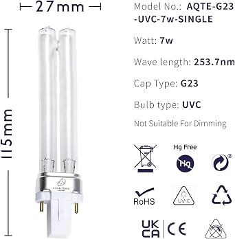 7W Pond Filter Bulb – UVC Ultra Violet Bulbs for Filters & Clarifiers – Germicidal G23 2pin PLS lamp Base for Replacing UV Bulbs in Garden Pond Filters
