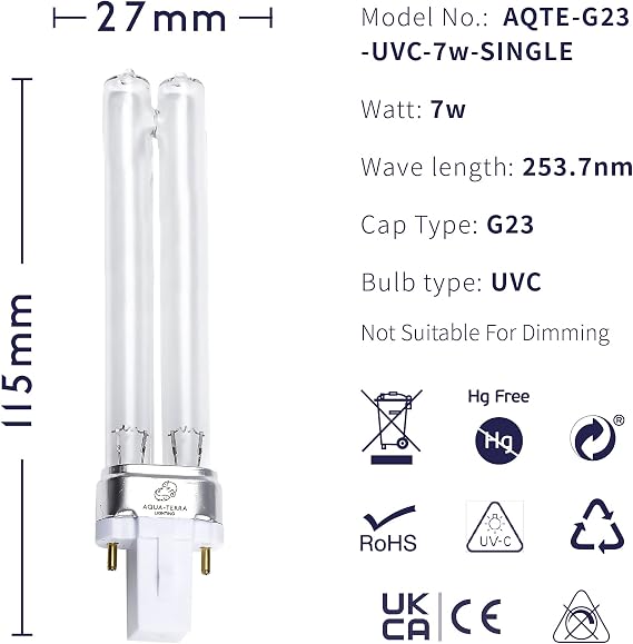 7W Pond Filter Bulb – UVC Ultra Violet Bulbs for Filters & Clarifiers – Germicidal G23 2pin PLS lamp Base for Replacing UV Bulbs in Garden Pond Filters