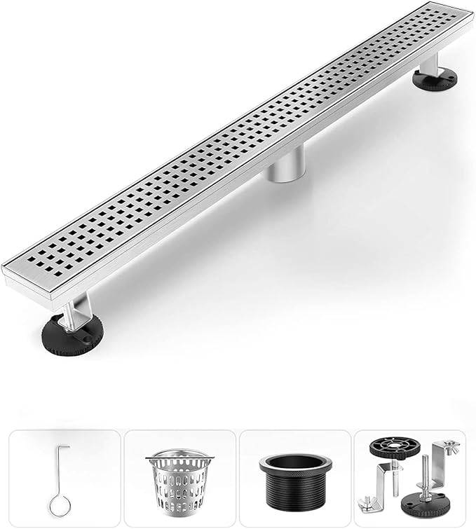 Shower Drain, HTOH Linear Shower Drain 20 Inch (Brushed Nickel), Modern 304 Stainless Steel Shower Drain with Grille Removable, Adjustable Leveling Feet, Rectangular Shower Drain