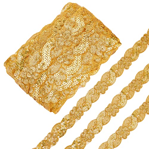 Nbeads 14.7 Yards Sequins Lace Trim Ribbon, 1.57" Wide 8-Shaped Glitter Flower Ribbon Sequin Fabric Beaded Lace Fabric Appliques Sewing For Wedding Dress Hair Band Clothes Decoration, Orange #TOP21
