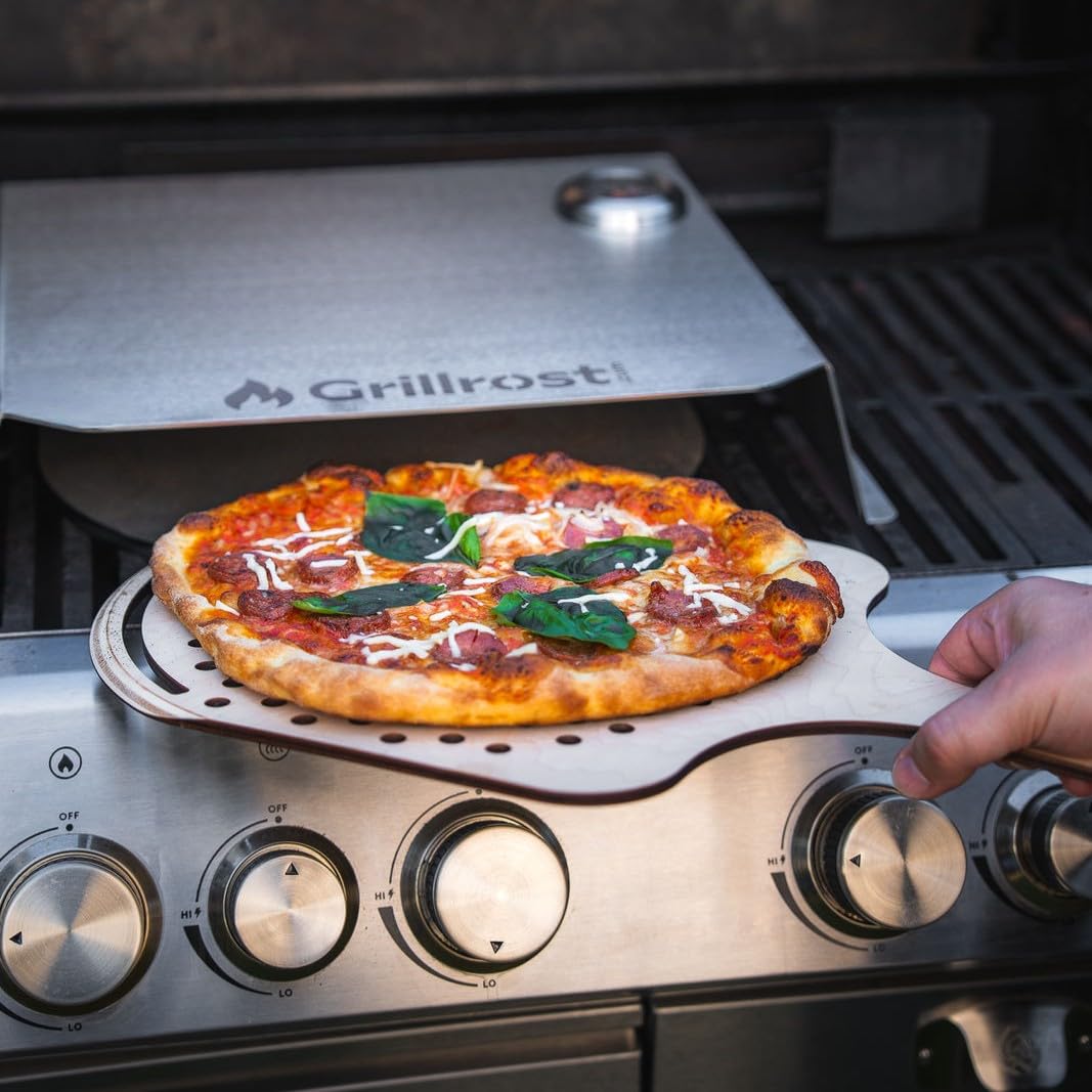 Grillrost.com Das Original: Tapa de Pizza para Barbacoa de Gas | Acero Inoxidable - Calor Superior Como en Horno de Leña