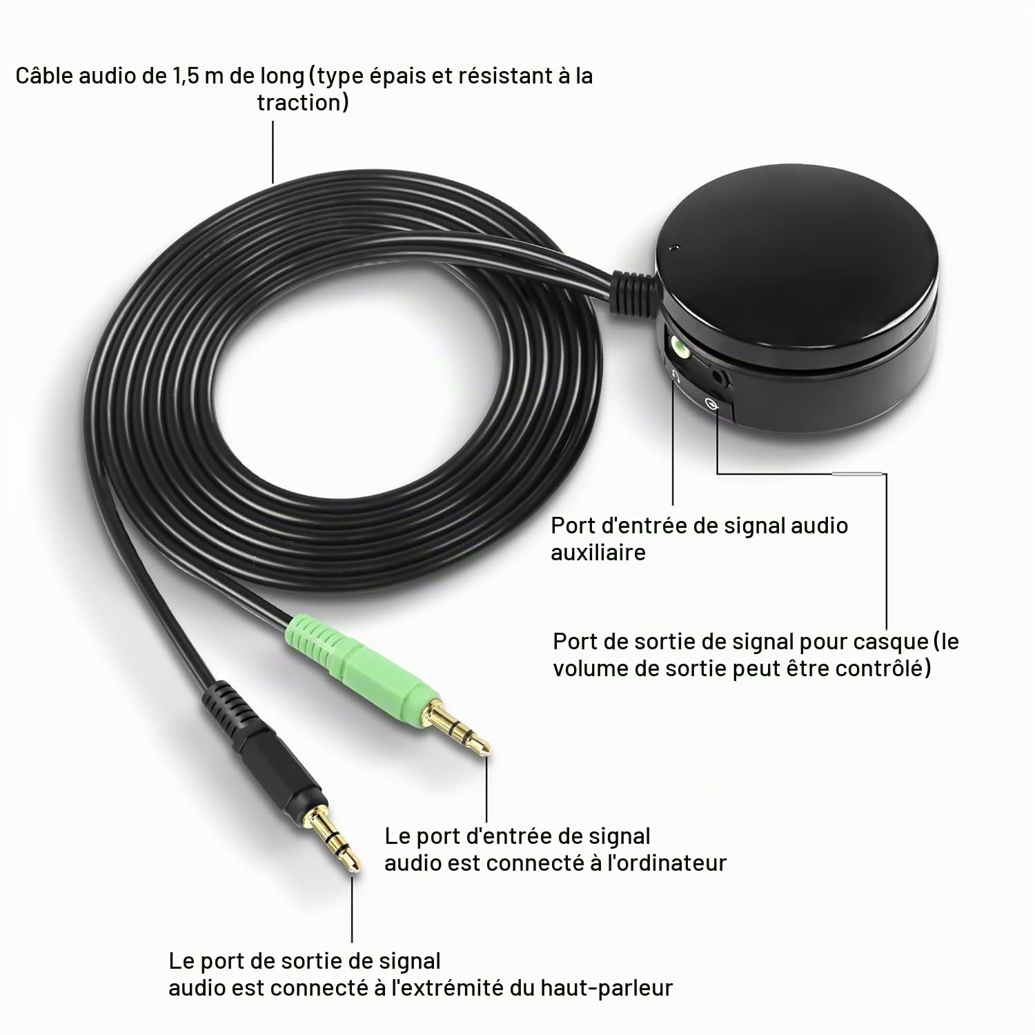 XMSJSIY Convertisseur de contrôle du volume pour haut-parleurs d'ordinateur, casque audio, contrôle du volume sur 3,5 mm, bouton de réglage TRS, câble d'extension - 1,5 m