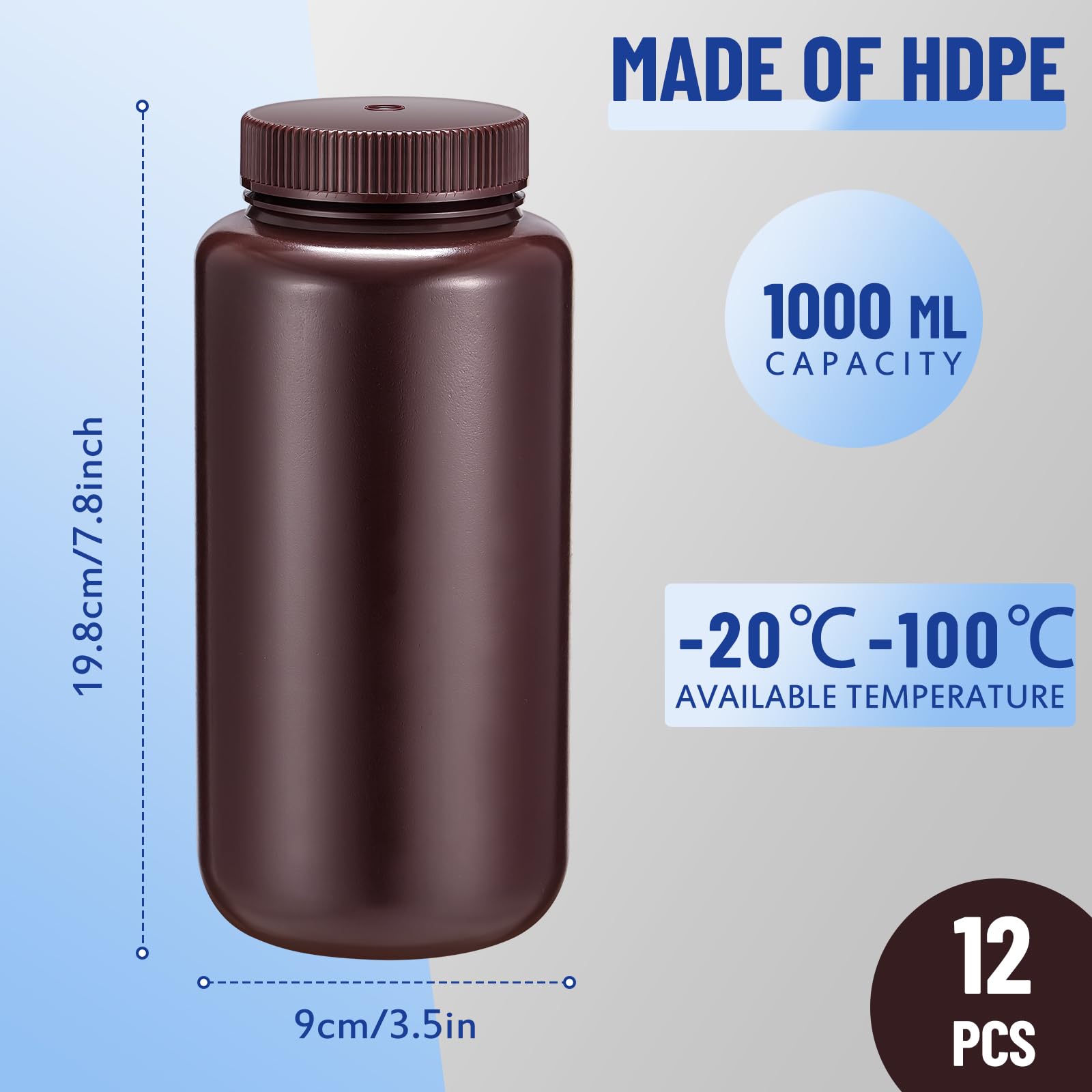 12 botellas de reactivo ámbar de boca ancha HDPE de grado de laboratorio, contenedor químico de boca ancha, botella de reactivo de laboratorio para laboratorios, aulas, hogar, 1000 ml