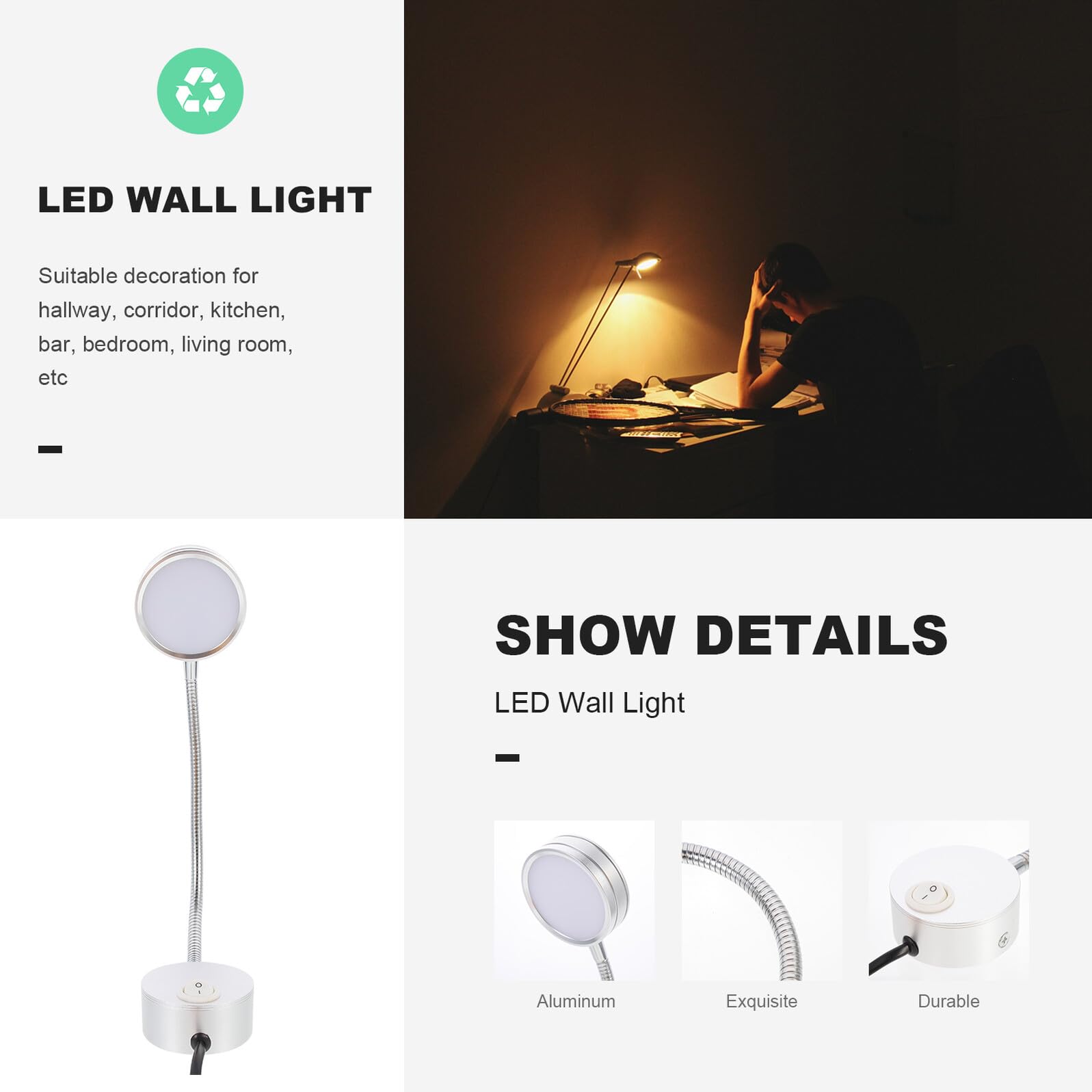 Lámpara de Lectura LED de Pared de Cuello de Cisne Flexible