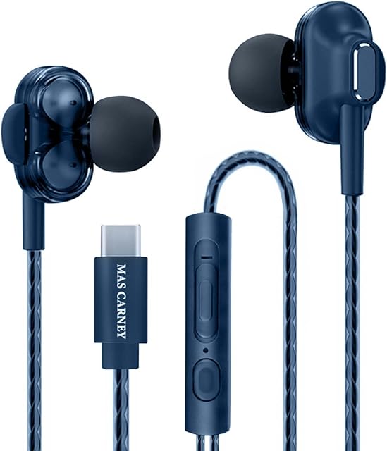 MAS CARNEY Słuchawki USB C TI9, Podwójna Matryca Głośników, Wbudowany Chipset Cyfrowy, Mikrofon, Pilot Zdalnego Sterowania, Słuchawki Douszne Kompatybilne z Telefonami Samsung, Huawei, iPad, niebieski