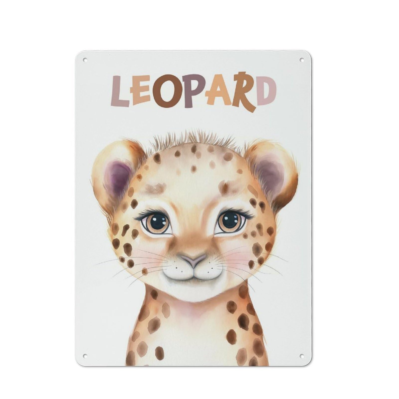 Cute Leopard Watercolor Nursery Understated Metal Wall Decor 40x30cm, Office Metal Sign for Office, Study, Studio Or Hallway