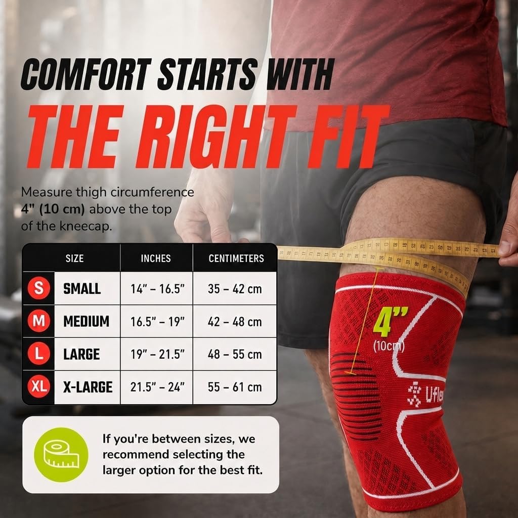UFlex Athletics Knee Brace Knee Support Wrap for Pain Relief, Workout, Swelling & Recovery (Single/S:14"-16.5"/Red White) image 5
