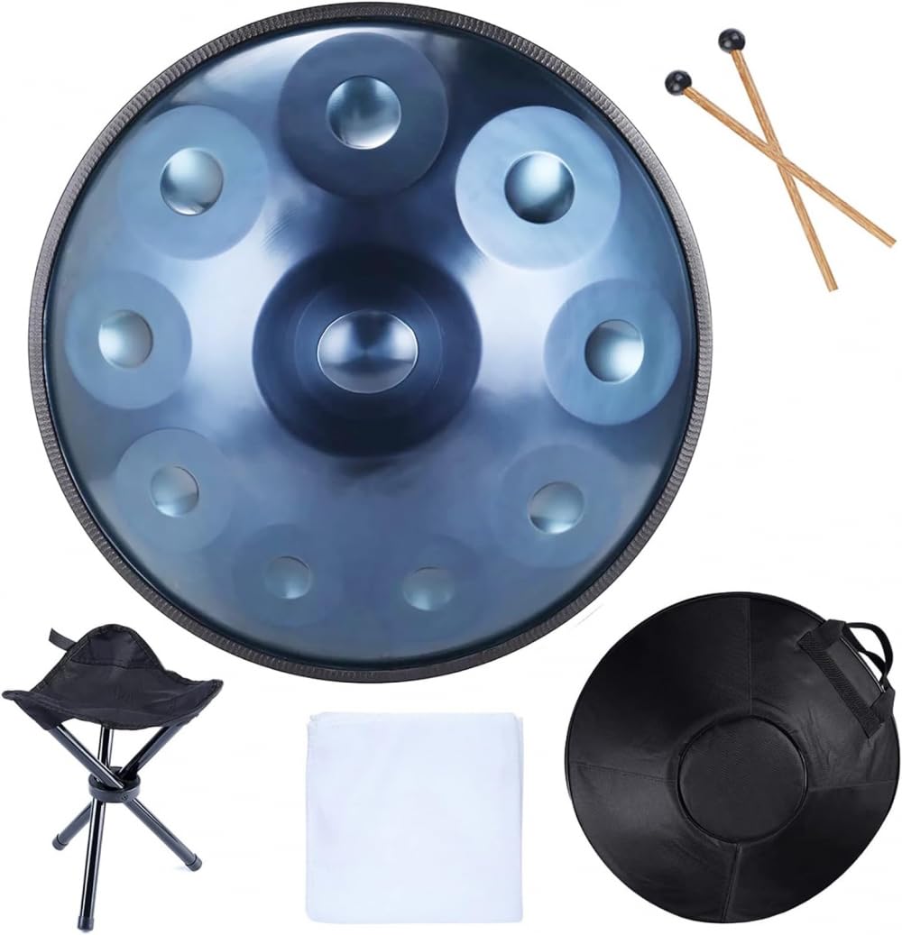 Bęben ręczny stalowy, D-dur, 22 cale, 9 nut, z miękkim pokrowcem, 2 młotki Handpan, stojak Handpan, ściereczka bezpyłowa, do domu (niebieski 10 tonów)