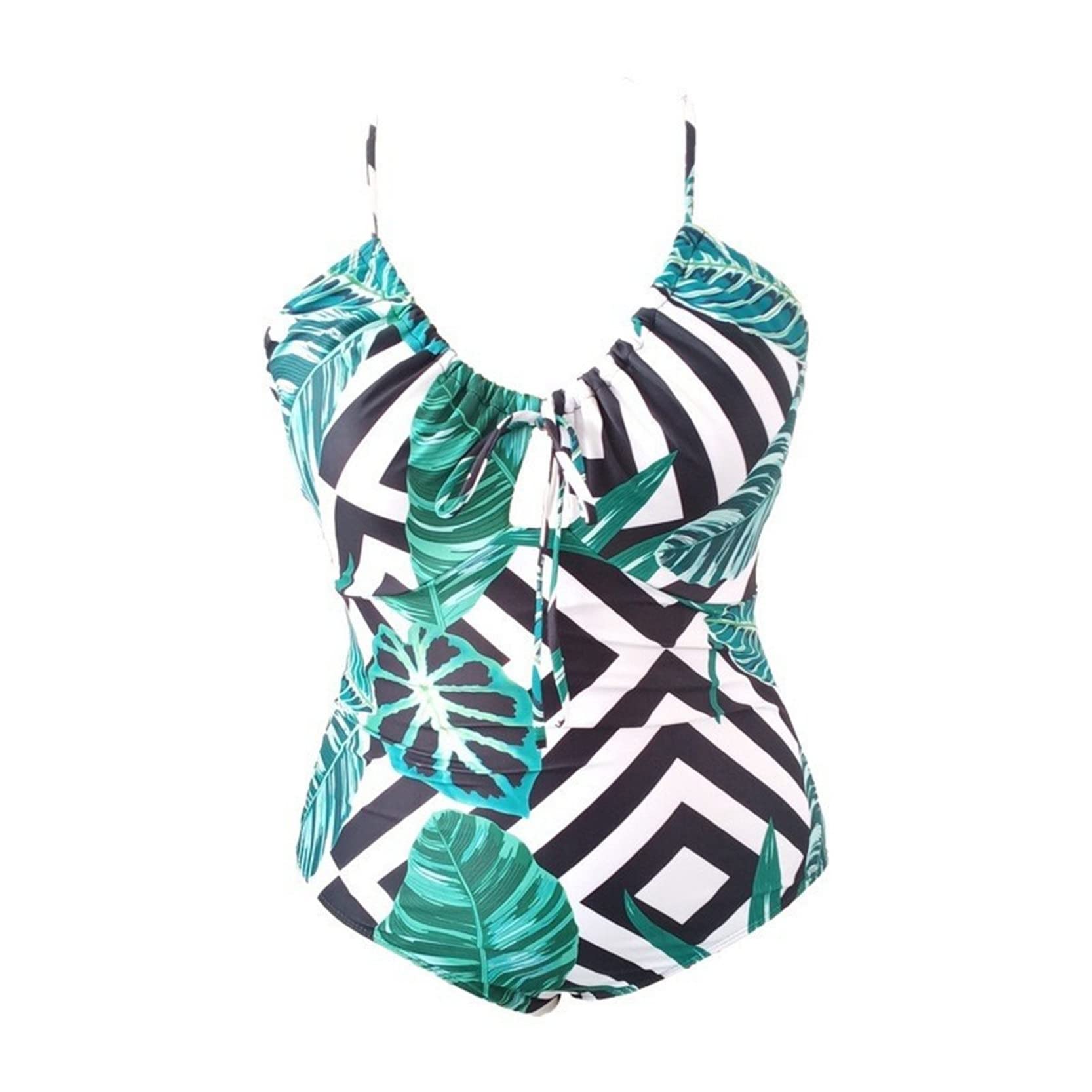 Mujer Completos Bañador Una Pieza Bikini Natación, Traje de baño de una pieza de talla grande para mujer, traje de baño Monokini con lazo en la parte delantera y estampado de hojas a rayas con tirante