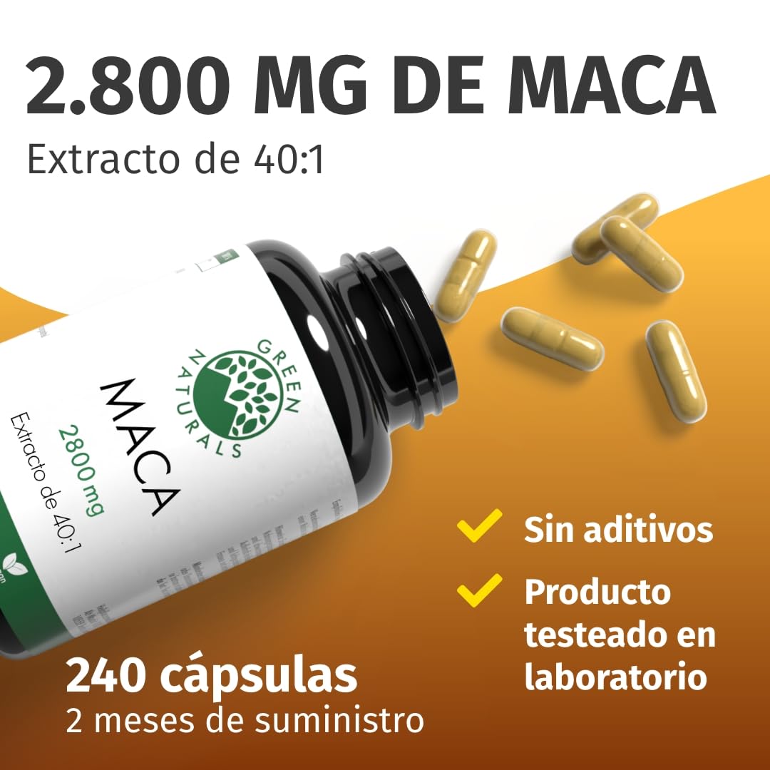 Green Naturals Maca Negra-Roja-Amarilla 40:1 – 2.800 mg – 240 cápsulas | Equivale a 112.000 mg de maca · Vegano · Para 2 meses · Analizada en laboratorio