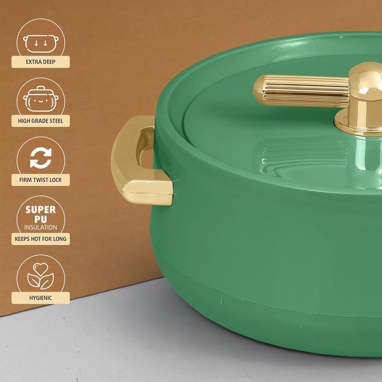 Casserole Inner Steel Casserole | P.U. Insulation | Chapati, Roti, Biryani | Keeps Food hot & Fresh Serve & Store Daily Use Kitchen Item Set of 3 (1700ml, 1200ml, 600ml) (Sea Green)