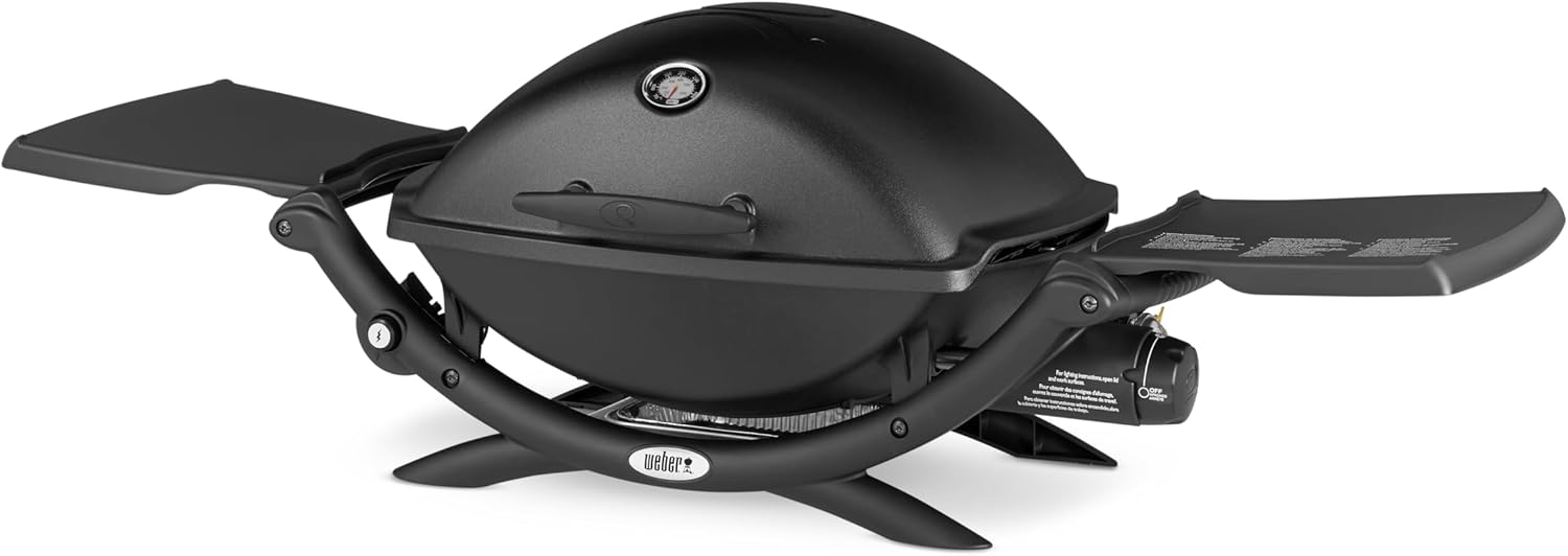 Weber Q2200 Gas Grill, 54 x 39 cm Grilling Surface, 1 Burner, with Fold-Out Side Tables, 2-Piece Porcelain-Enamelled Cast Iron Grill Grate, with Lid Thermometer - Black (54010074)