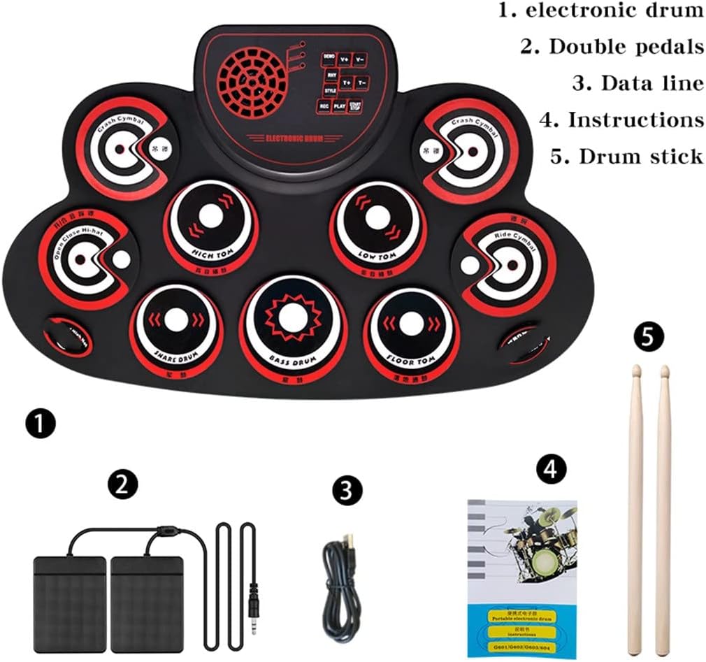 Portable Roll UP Electronic MIDI Drum Set Kits 9 Pads Built-in Speakers Practice (Color : As Shown, Size : One Size)