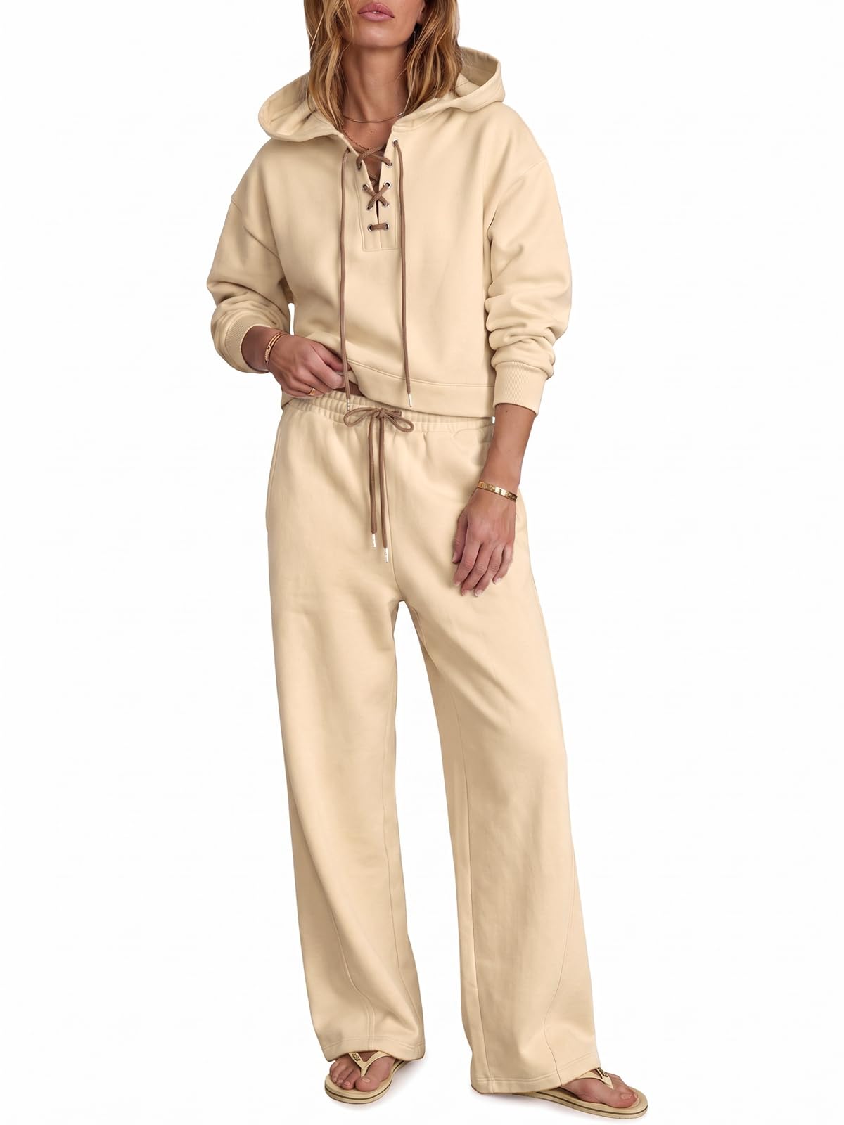 Fisoew Womens 2 Piece Sets Sweatsuits Drawstring Hoodie Lounge Outfits Small Khaki