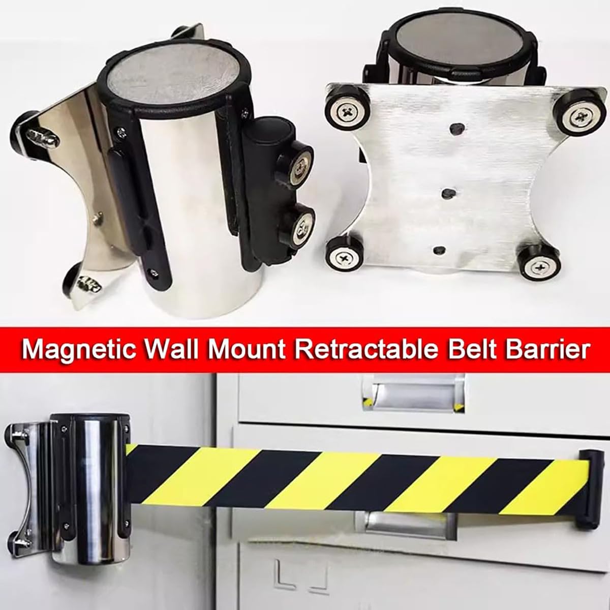 Poste, Divisor línea, Barrera Cola con Cinta retráctil, Cinta Seguridad Montaje en Pared, Barrera Cinta retráctil, cinturón magnético, cinturón Seguridad Amarillo y Negro Control multitudes, Barrera